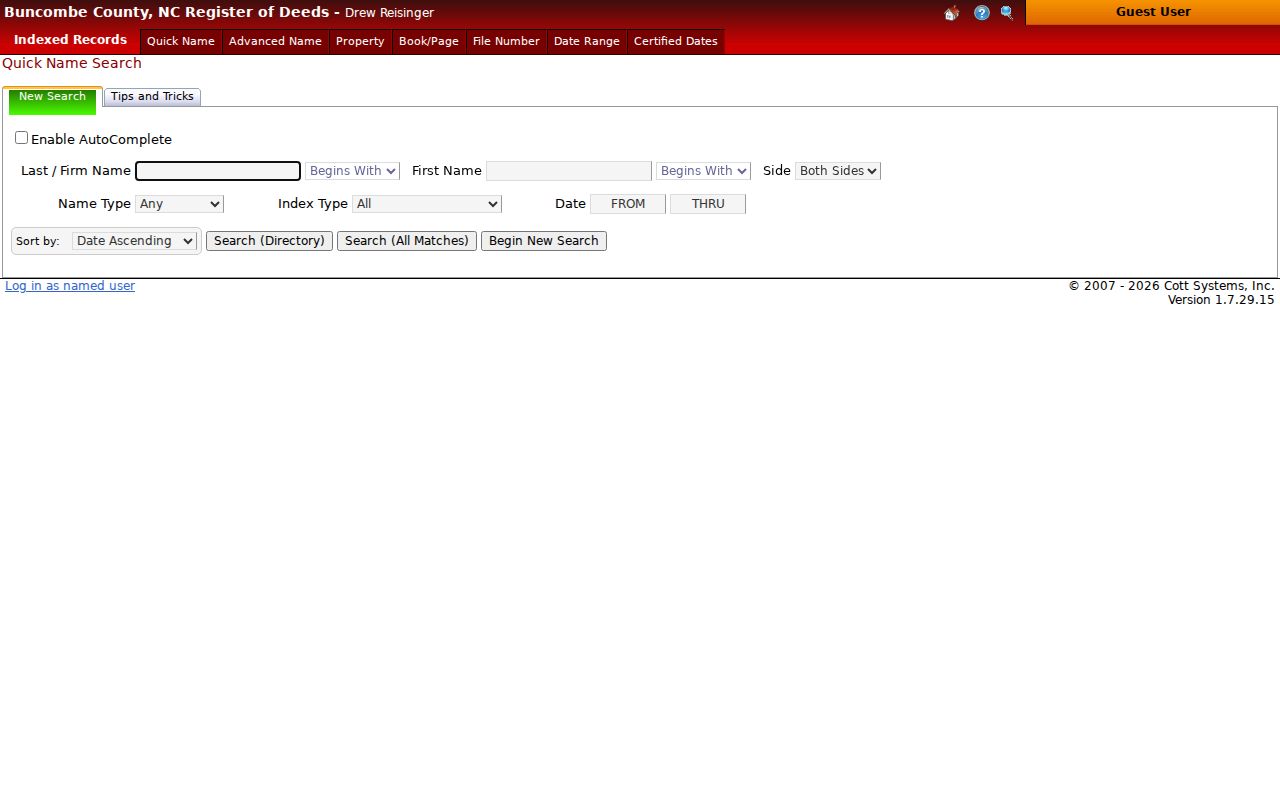 Buncombe County people search in the Register of Deeds guest index