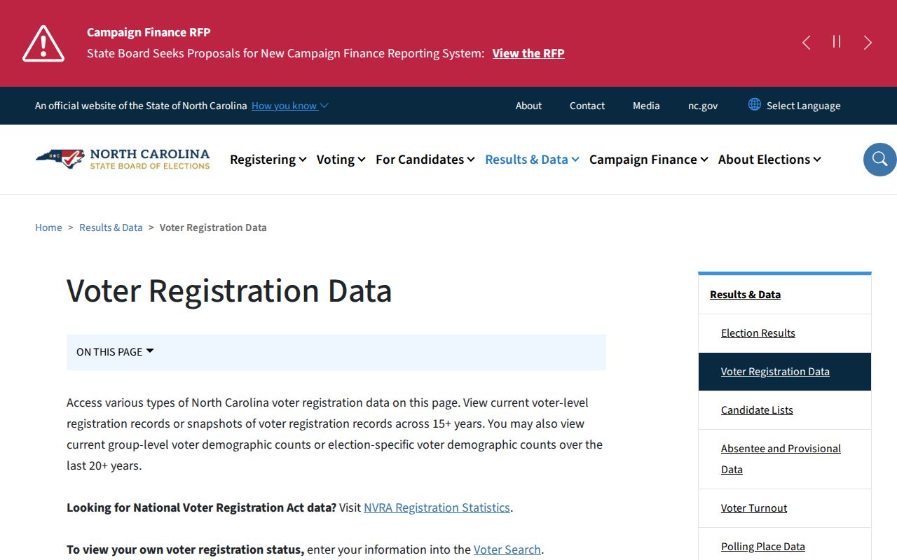 Buncombe County voter registration records download page with current and historical files